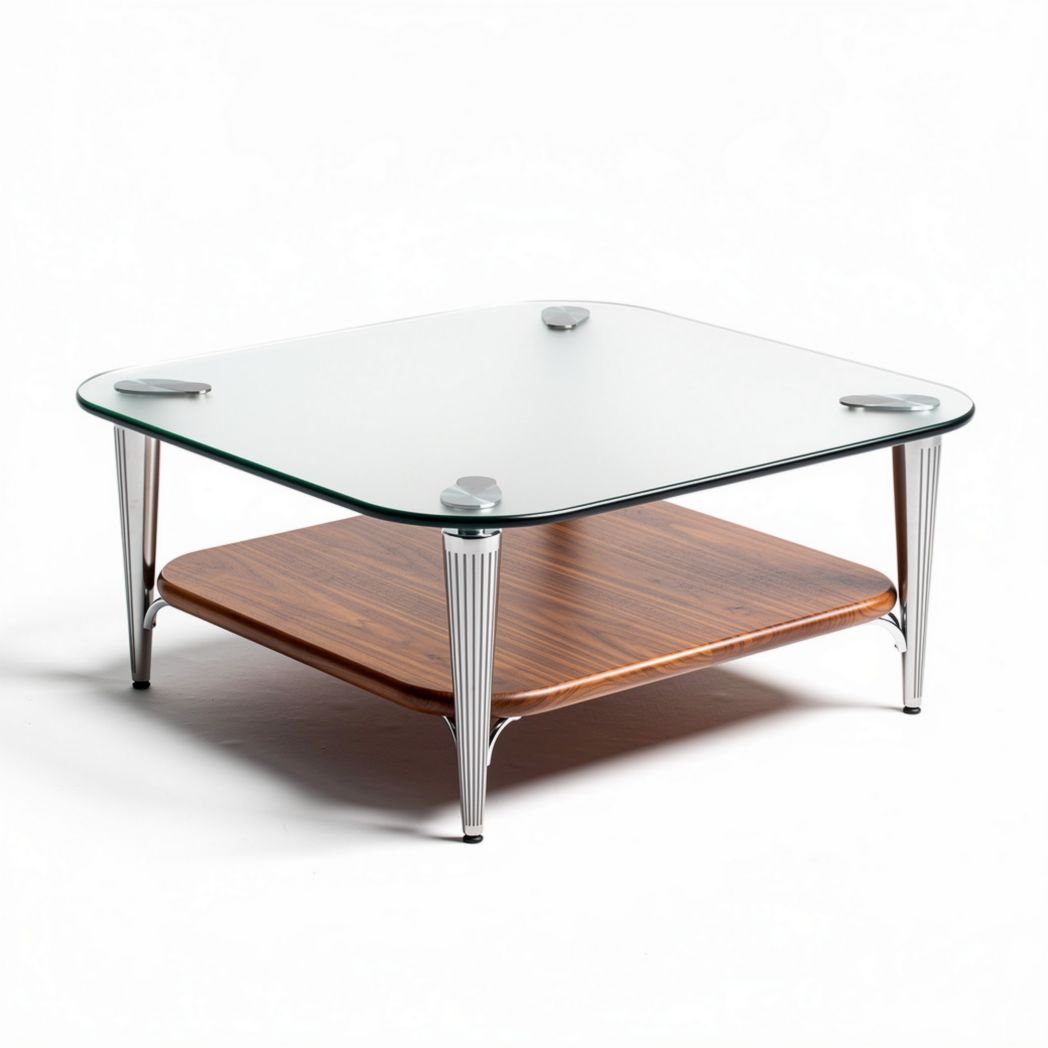 Glazen salontafel met houten onderblad en metalen poten 90 x 90 x 40cm