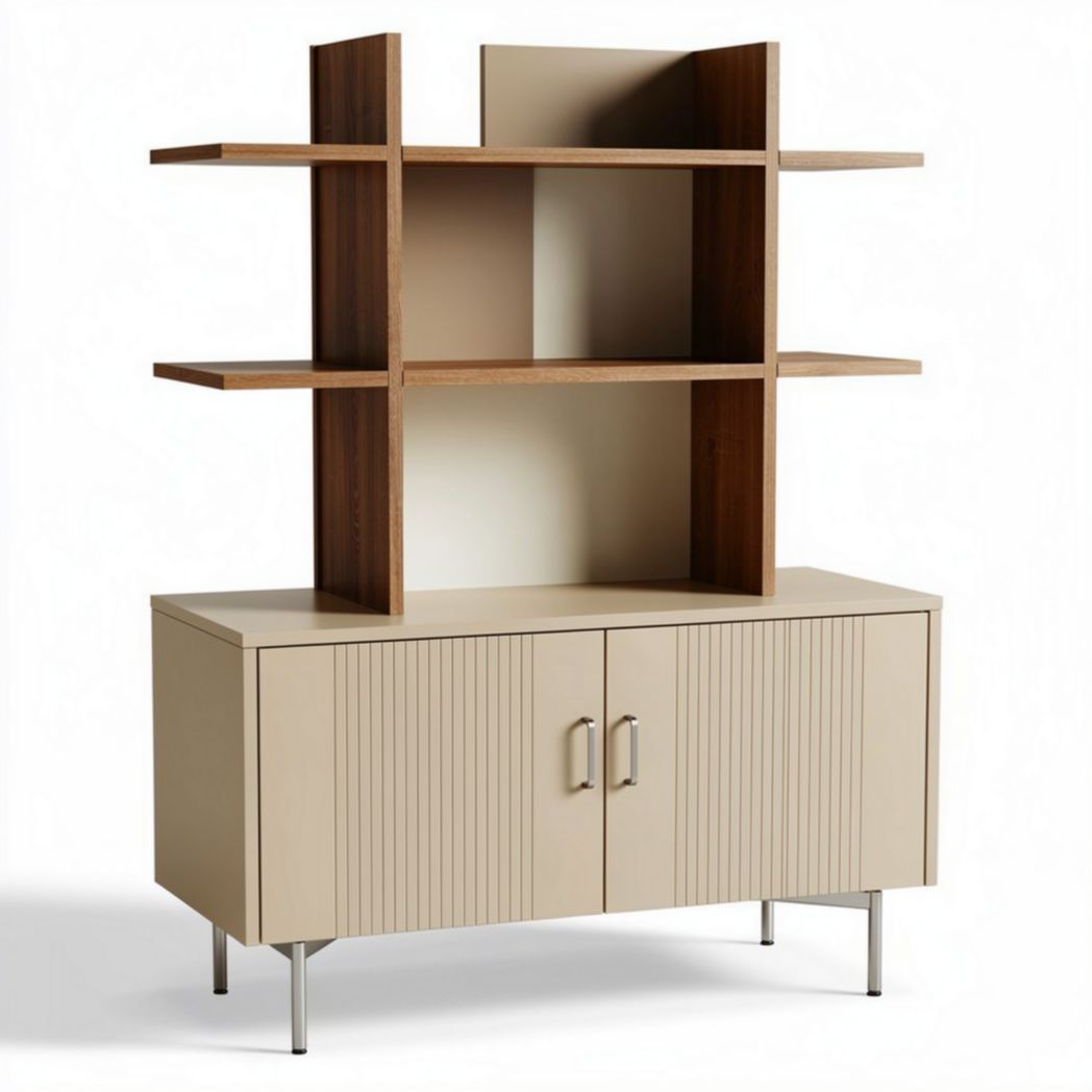 Kast met open planken en sluitende deuren van hout en metal 160 x 40 x 120cm