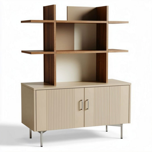 Kast met open planken en sluitende deuren van hout en metal 160 x 40 x 120cm