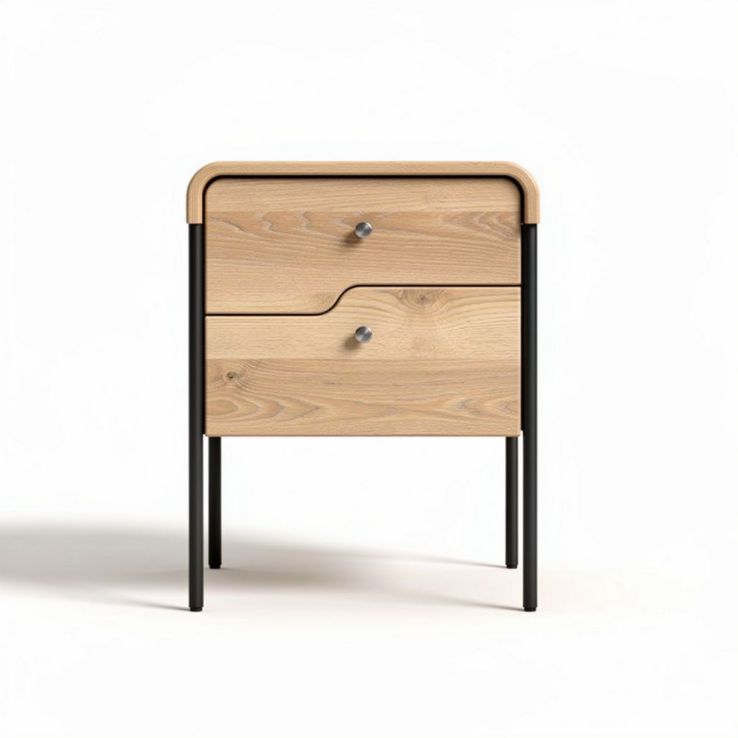 Houten nachtkastje met twee lades en metalen poten 40 x 40 x 50cm