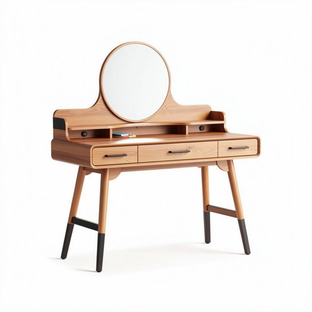 Houten kaptafel met ronde spiegel en drie lades 120 x 50 x 75cm