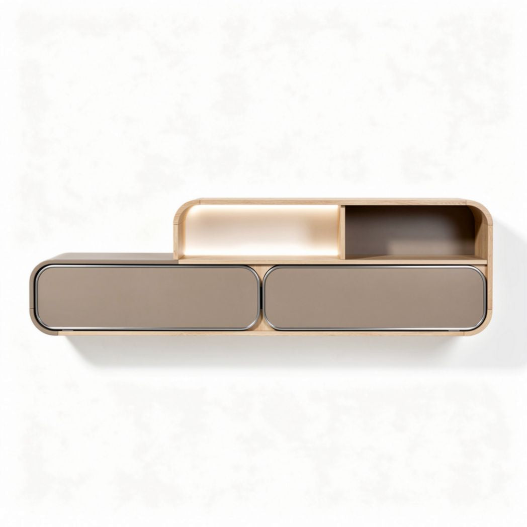 Wandplank van hout met verlichting en opbergruimte in beige 120 x 35 x 30cm