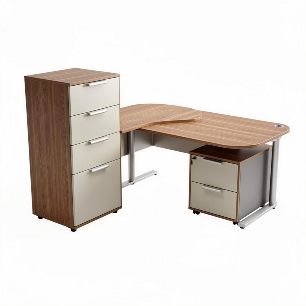 L-vormig bureau met opbergkast van hout en metaal 150 x 70 x 75cm