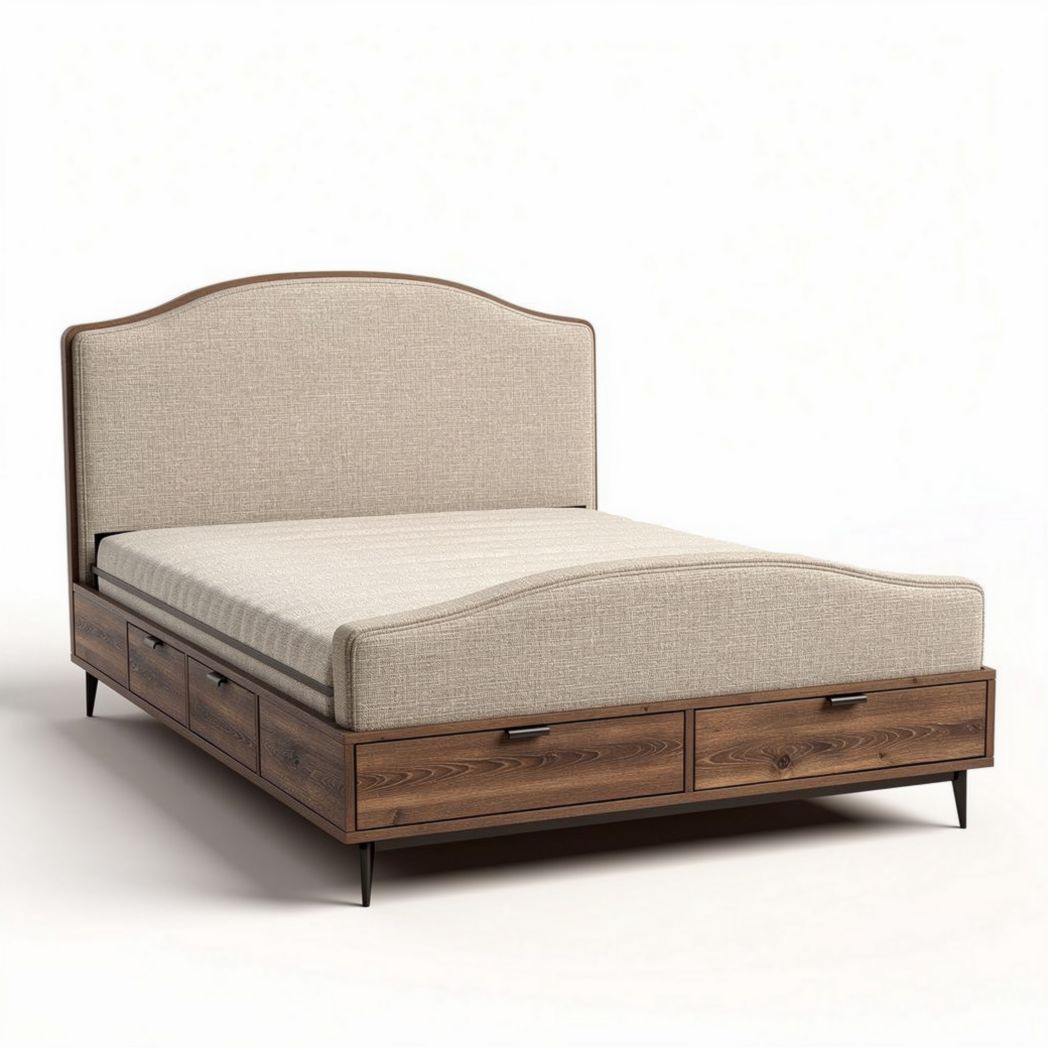 Houten bed met opberglades en stoffen hoofdbord 210 x 160 x 80cm